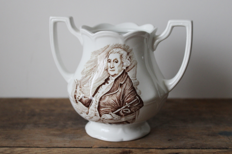 photo of vintage George Washington print brown transferware china sugar bowl without lid, urn planter or spoon holder  #1