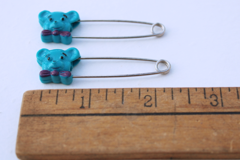 photo of vintage Gerber diaper pins, safety pins w/ plastic baby bears in blue #1