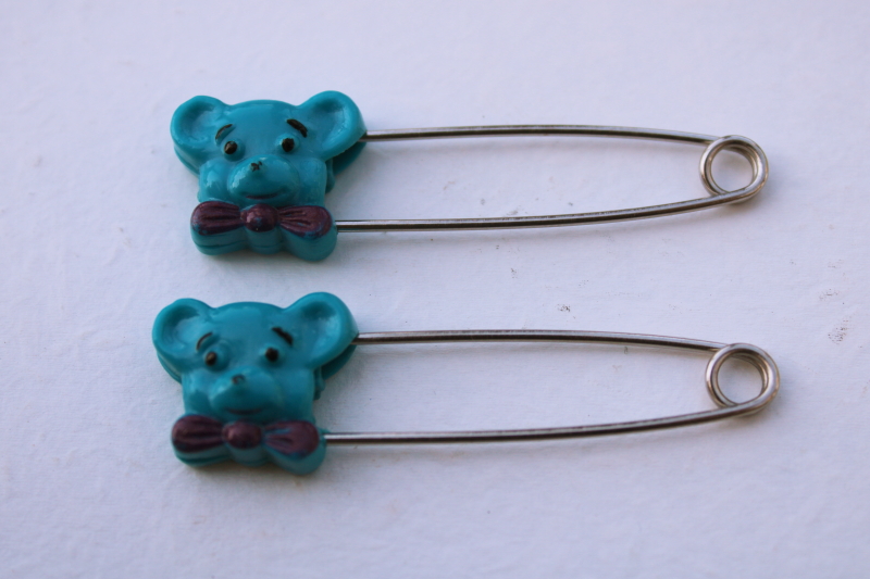 photo of vintage Gerber diaper pins, safety pins w/ plastic baby bears in blue #3