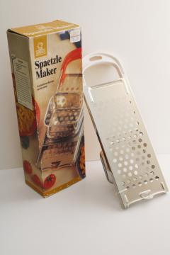 catalog photo of vintage German dumplings spaetzle maker w/ recipe, stainless steel kitchen tool in box