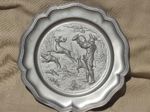 photo of vintage German pewter plate w/ hunter, stag deer wild boar hunting scene #1