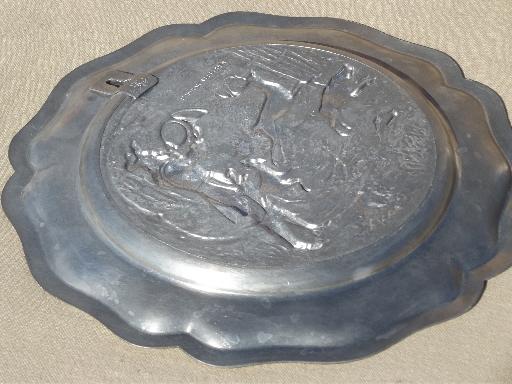 photo of vintage German pewter plate w/ hunter, stag deer wild boar hunting scene #3