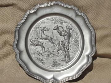 catalog photo of vintage German pewter plate w/ hunter, stag deer wild boar hunting scene