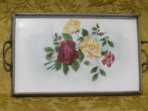 photo of vintage German stencil roses painted tray, nickel silver gallery frame #1