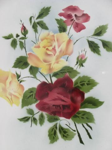 photo of vintage German stencil roses painted tray, nickel silver gallery frame #3