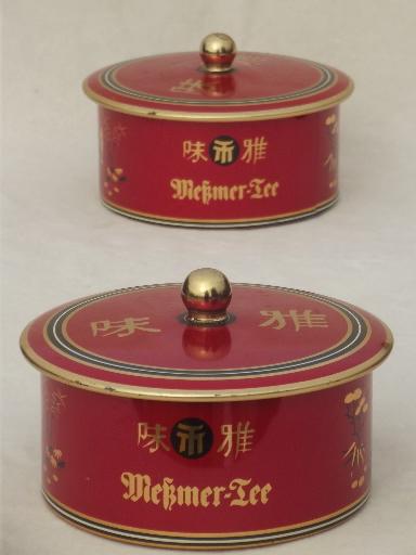 photo of vintage German tea tins, round metal tea boxes in chinese red & gold #1