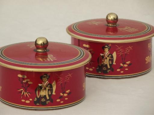 photo of vintage German tea tins, round metal tea boxes in chinese red & gold #2