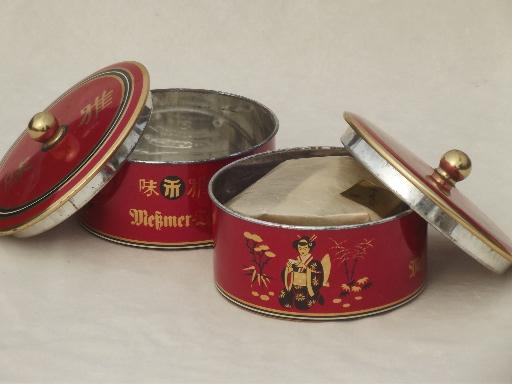 photo of vintage German tea tins, round metal tea boxes in chinese red & gold #3