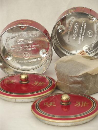 photo of vintage German tea tins, round metal tea boxes in chinese red & gold #4