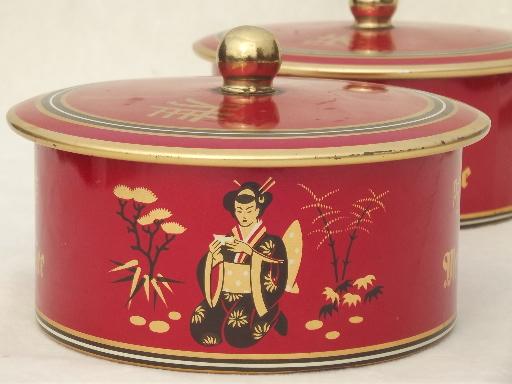 photo of vintage German tea tins, round metal tea boxes in chinese red & gold #6