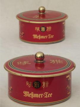 catalog photo of vintage German tea tins, round metal tea boxes in chinese red & gold