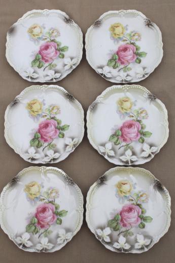 photo of vintage Germany luster porcelain cake plates,& antique china dessert set w/ roses #4