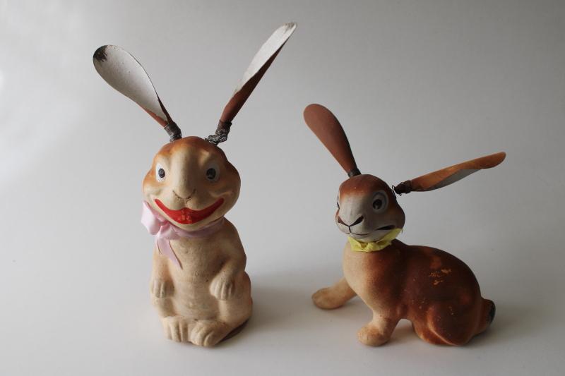 photo of vintage Germany paper mache Easter bunnies, Uncle Wiggly silly rabbits w/ bouncy ears #1