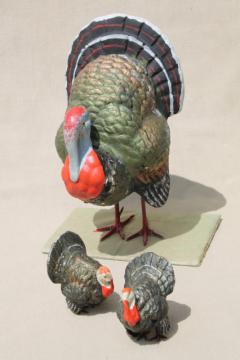 catalog photo of vintage Germany papier mache or composition holiday turkeys, Thanksgiving turkey & little ones