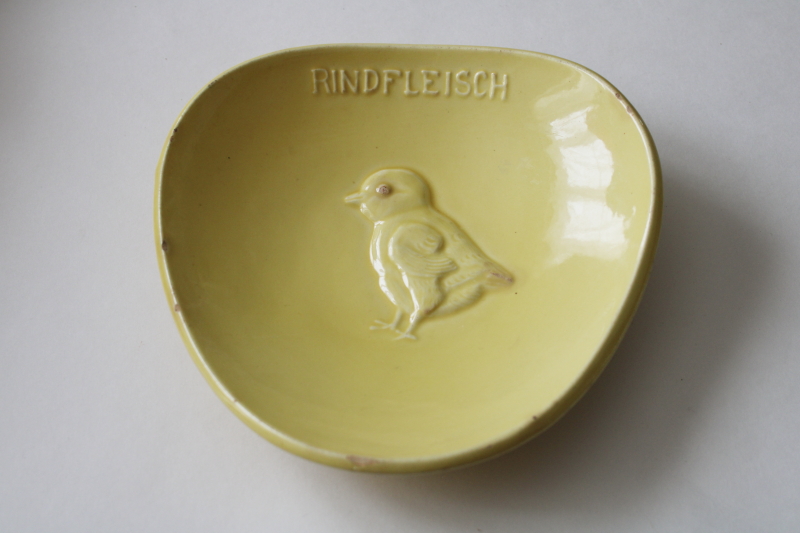 photo of vintage Germany pottery bowl w/ baby chick, Rindfleisch eat beef embossed motto  #1