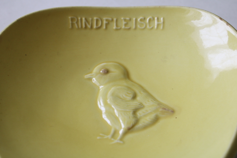 photo of vintage Germany pottery bowl w/ baby chick, Rindfleisch eat beef embossed motto  #2