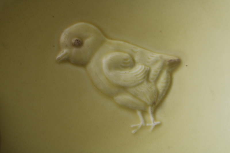 photo of vintage Germany pottery bowl w/ baby chick, Rindfleisch eat beef embossed motto  #6