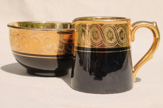 photo of vintage Gibson & Sons Late Davenport Sevres gold encrusted black china cream & sugar set #1