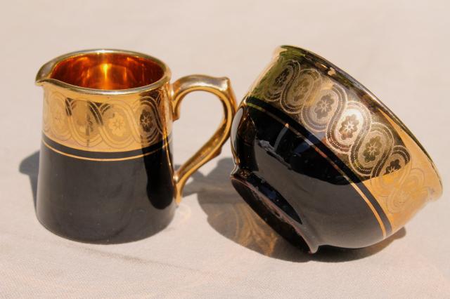 photo of vintage Gibson & Sons Late Davenport Sevres gold encrusted black china cream & sugar set #2