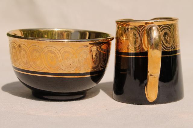 photo of vintage Gibson & Sons Late Davenport Sevres gold encrusted black china cream & sugar set #6