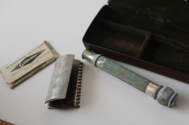 photo of vintage Gillette safety razor lot, two razors, Old Type case w/ blades  #3