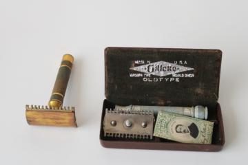 catalog photo of vintage Gillette safety razor lot, two razors, Old Type case w/ blades 