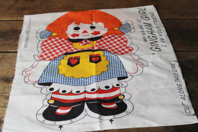 photo of vintage Gingham Girl cut & sew print cotton fabric panel, Raggedy Ann lookalike rag doll #1