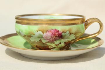 catalog photo of vintage Ginori porcelain tea cup & saucer, Nucci signed hand painted china lucky clover