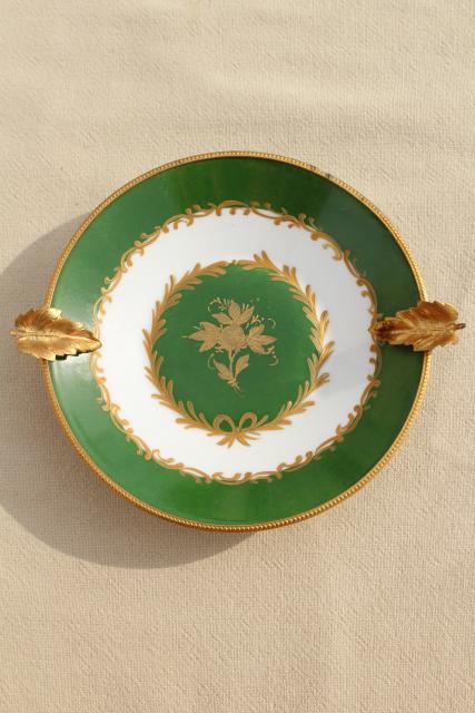 photo of vintage Giraud Limoges porcelain ashtray, gold metal ormolu trimmed dish #1