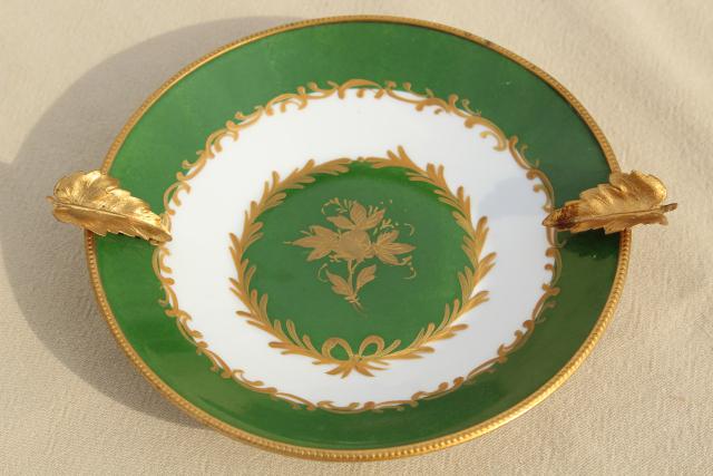 photo of vintage Giraud Limoges porcelain ashtray, gold metal ormolu trimmed dish #2