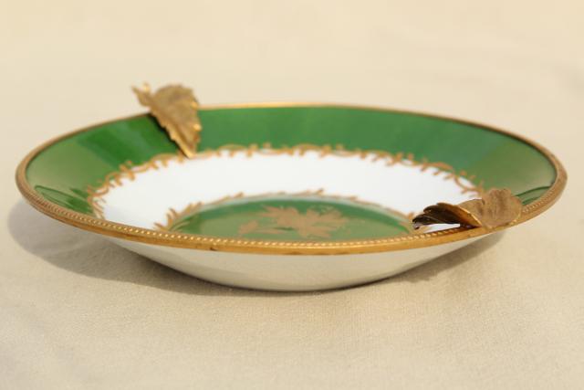photo of vintage Giraud Limoges porcelain ashtray, gold metal ormolu trimmed dish #3