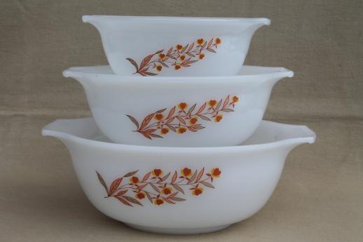 photo of vintage Glasbake autumn leaf milk glass nesting bowls set, Hall Jewel Tea go-along  #1