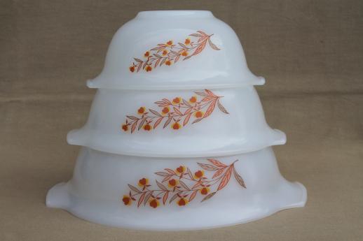 photo of vintage Glasbake autumn leaf milk glass nesting bowls set, Hall Jewel Tea go-along  #2