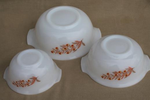 photo of vintage Glasbake autumn leaf milk glass nesting bowls set, Hall Jewel Tea go-along  #6