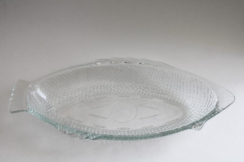 photo of vintage Glasbake bake & serve glassware, clear glass fish shape dish or tray #1