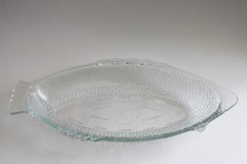 catalog photo of vintage Glasbake bake & serve glassware, clear glass fish shape dish or tray