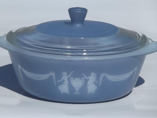 photo of vintage Glasbake casserole, blue & white Grecian classical jasperware style #1