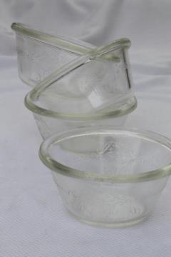 catalog photo of vintage Glasbake custard cups set, oven proof kitchen glass ramekins w/ embossed floral