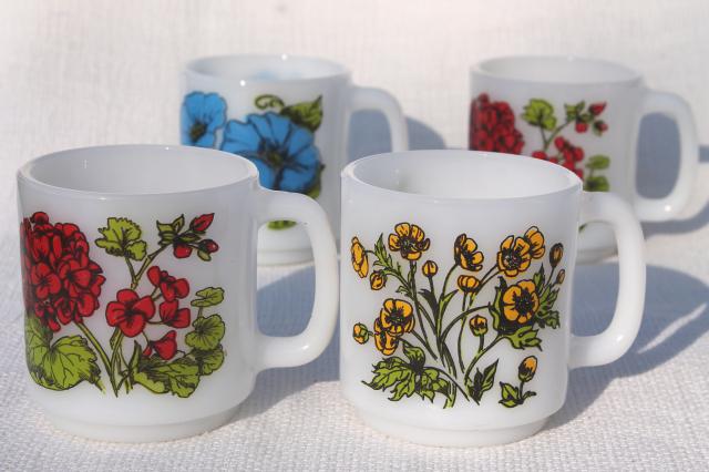 photo of vintage Glasbake milk glass coffee mugs, Language of Flowers geraniums, morning glories, buttercups #1