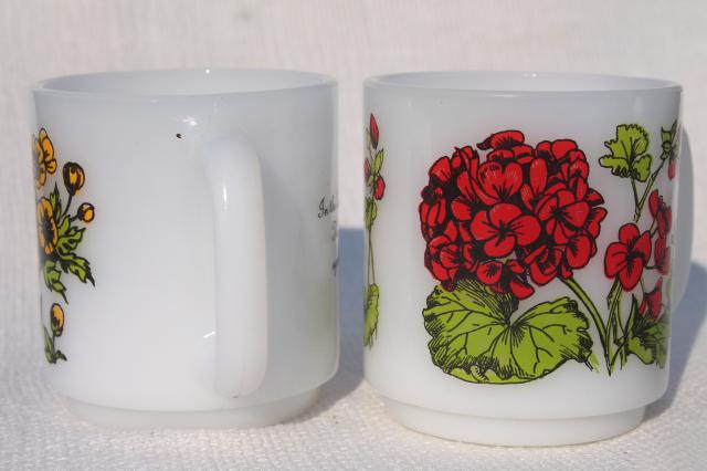 photo of vintage Glasbake milk glass coffee mugs, Language of Flowers geraniums, morning glories, buttercups #2