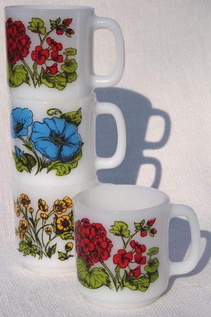 photo of vintage Glasbake milk glass coffee mugs, Language of Flowers geraniums, morning glories, buttercups #3