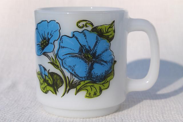 photo of vintage Glasbake milk glass coffee mugs, Language of Flowers geraniums, morning glories, buttercups #4