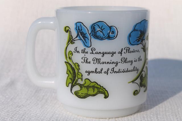 photo of vintage Glasbake milk glass coffee mugs, Language of Flowers geraniums, morning glories, buttercups #5