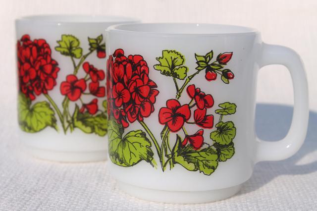 photo of vintage Glasbake milk glass coffee mugs, Language of Flowers geraniums, morning glories, buttercups #8