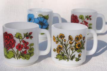 catalog photo of vintage Glasbake milk glass coffee mugs, Language of Flowers geraniums, morning glories, buttercups