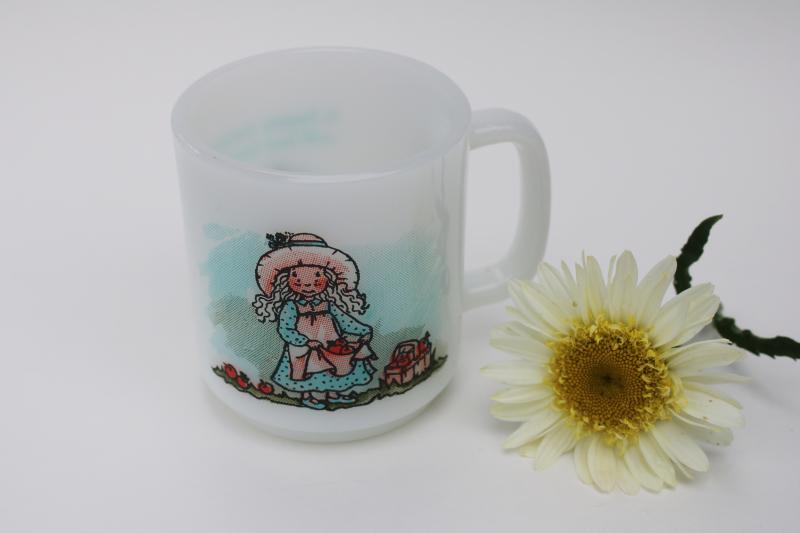 photo of vintage Glasbake milk glass mug, A Happy Memory Will Last Forever, Holly Hobbie style #1