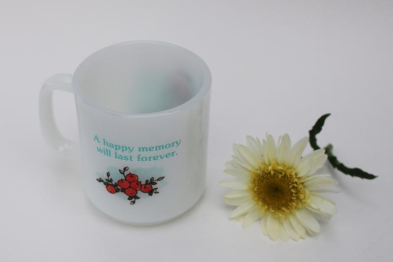 photo of vintage Glasbake milk glass mug, A Happy Memory Will Last Forever, Holly Hobbie style #2