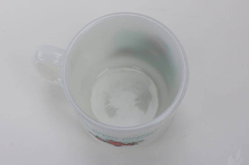 photo of vintage Glasbake milk glass mug, A Happy Memory Will Last Forever, Holly Hobbie style #3