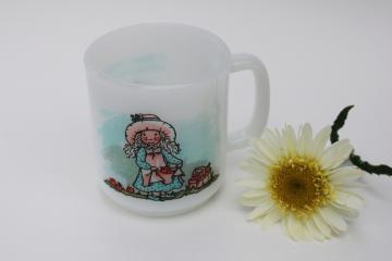 catalog photo of vintage Glasbake milk glass mug, A Happy Memory Will Last Forever, Holly Hobbie style