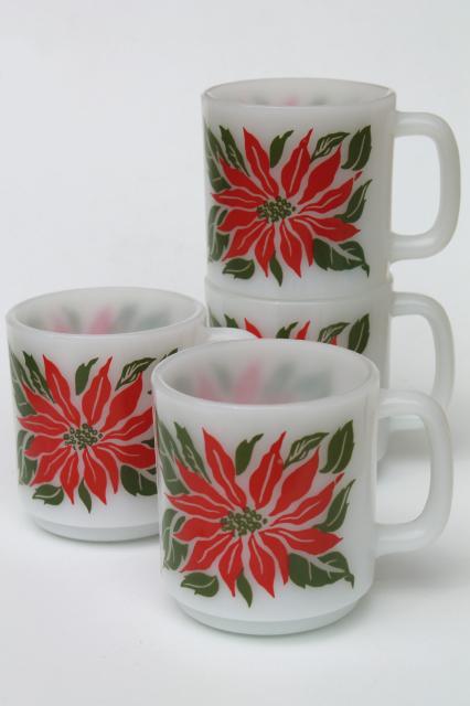 photo of vintage Glasbake milk glass mugs, holiday Christmas poinsettias red & green #1